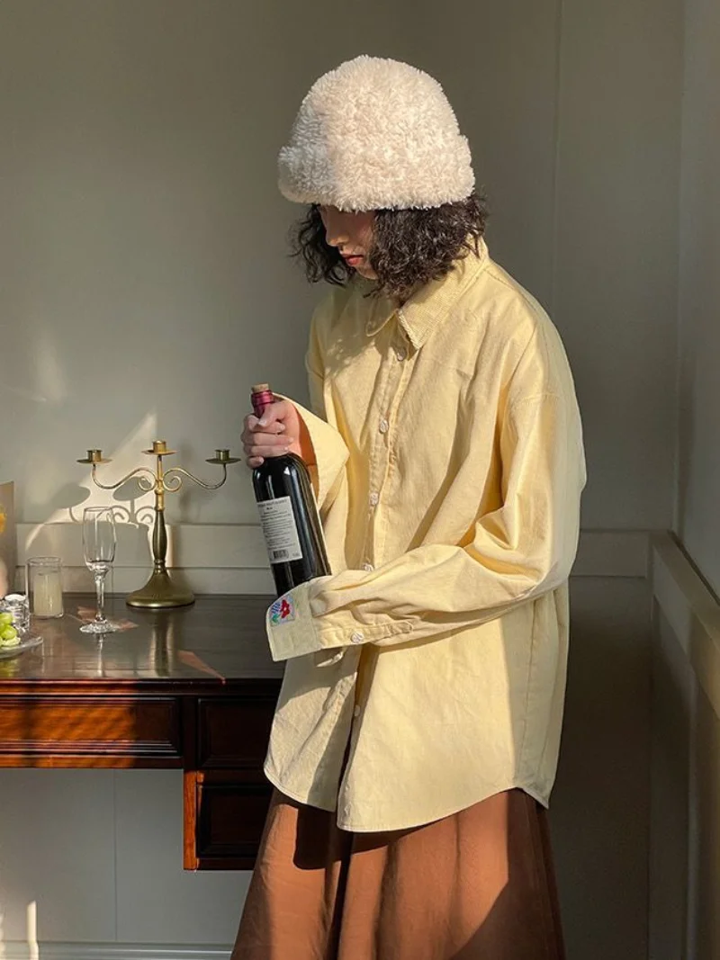 

Винтажная Вельветовая блузка с отложным воротником, женские повседневные свободные рубашки, однотонная уличная одежда в стиле Харадзюку, Ж...