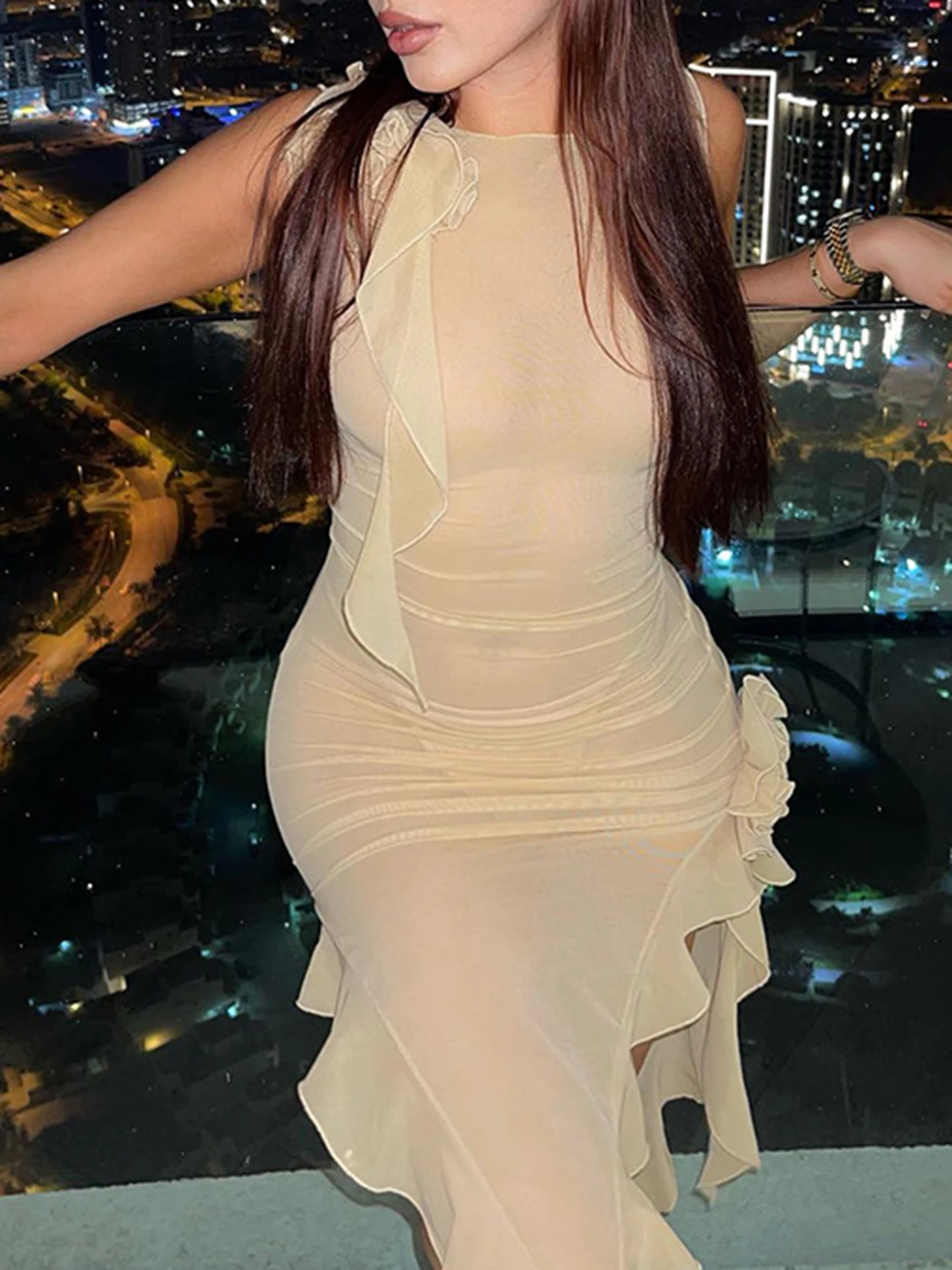 

Mesh Sheer Sexy Women Dress Sleeveless Lace-up Mid-length High Slit Slim Tank Dresses Ruffles Sheath Dress Party 2023 Summer