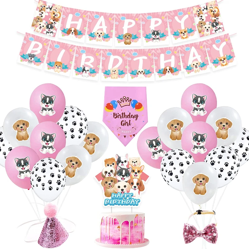 

Pet Dog Birthday Party Decoration Pink Dog Paw Puppy Balloons Kit Happy Birthday Banner Cake Topper Birthday Party Supplies Girl