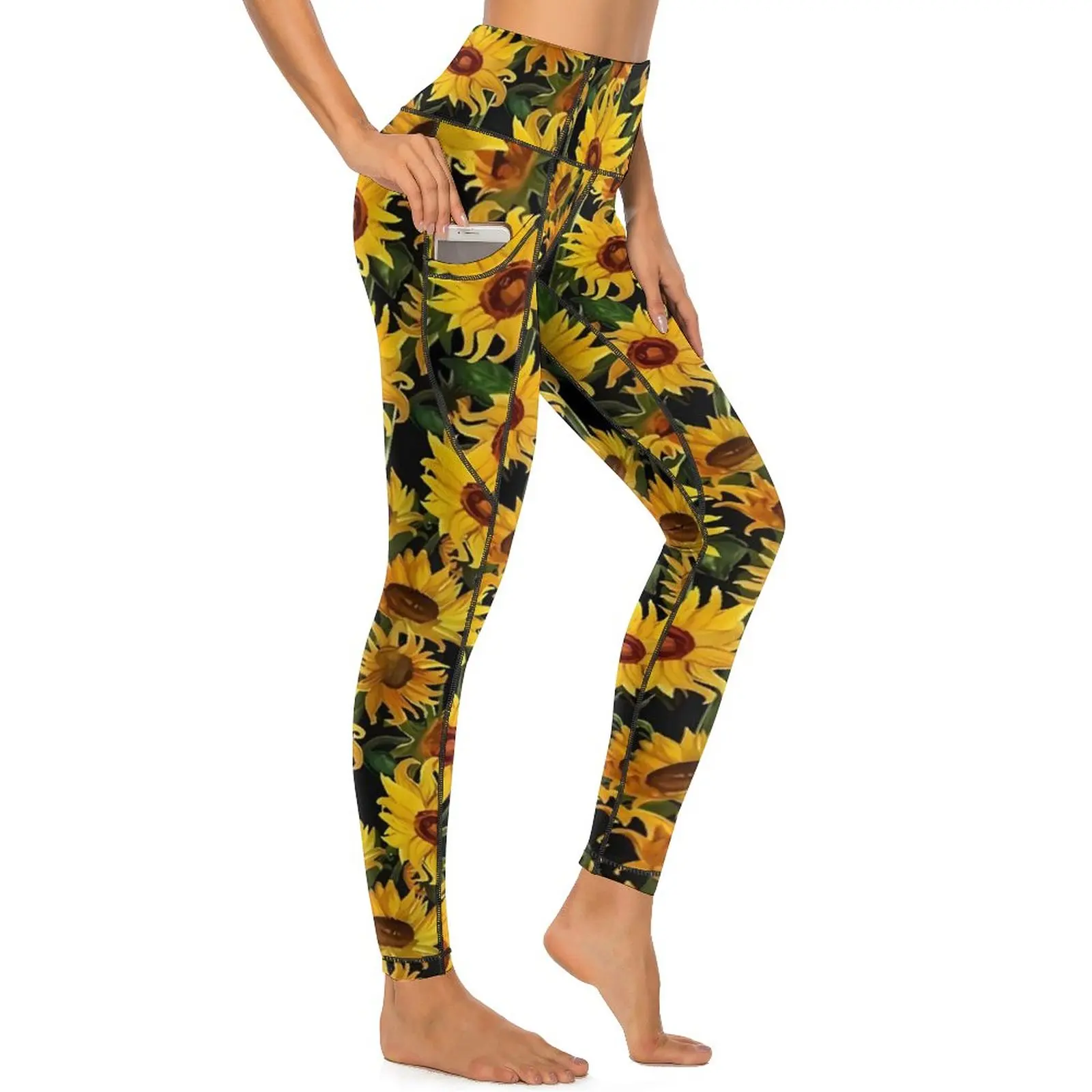 

Sunflower Print Yoga Pants Pockets Yellow Flowers Leggings Sexy High Waist Kawaii Yoga Sports Tights Stretch Custom Gym Leggins