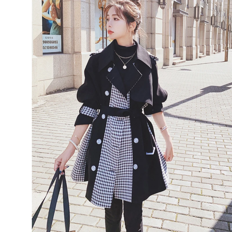 Women Windbreaker Spring Autumn Contrast Color Plaid Stitching Korean Mid-length Ladies Cloak Loose Fashion Retro Trench Coat