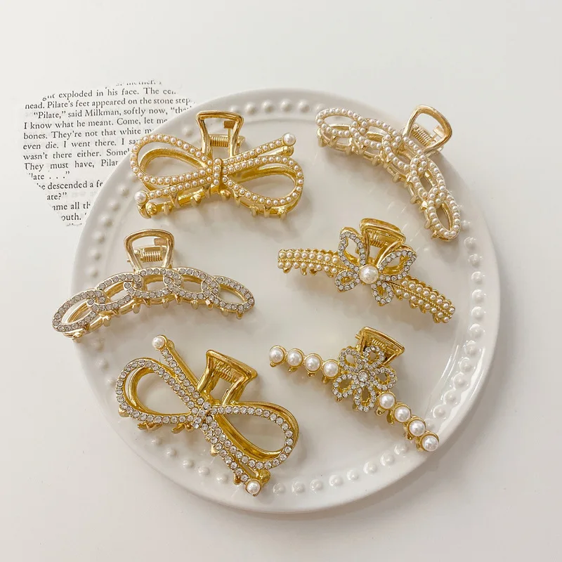 

Rhinestone Clip Hair Accessories for Women Geometry Pearl Bow Alloy Flower Shape Clips Girls Accessory New Headwear Apparel