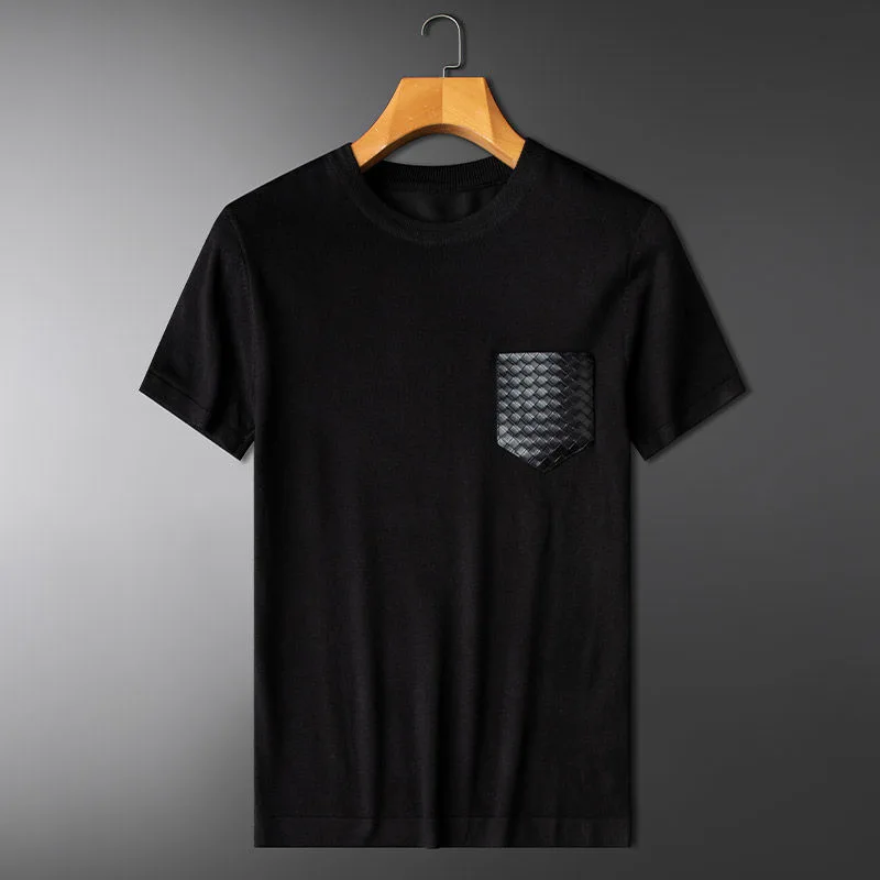 Luxury summer trend personalized knitted T-shirt men's short sleeve round neck high-end elastic slim fit sweater half men |