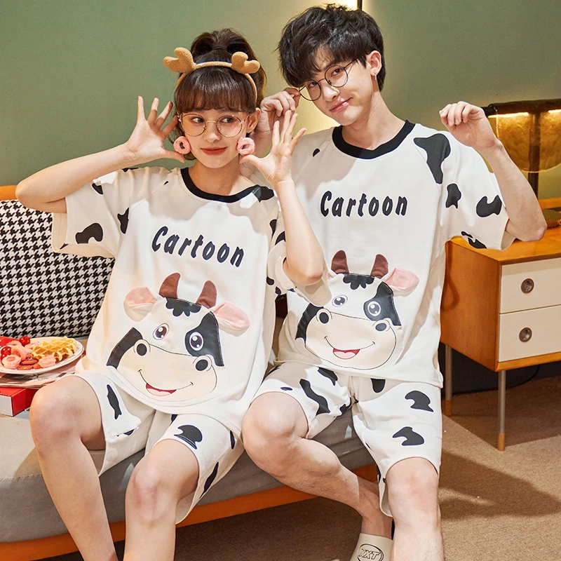 

2PCS Lovely Cow Couple Pajamas Set Women Summer Cotton Sleepwear Men Pyjama Korean Loose Casual Pyjama Pour Lovers Homewear