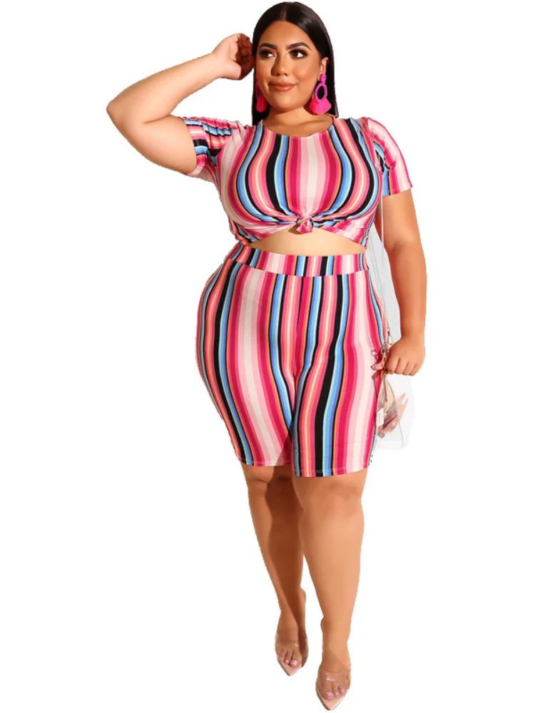 Plus Size Oversized Shorts Set for Women 5xl 4xl Outfits Striped Two Piece Sets Conjunto Feminino 2 Piece Set 3xl 4xl 5xl 6xl