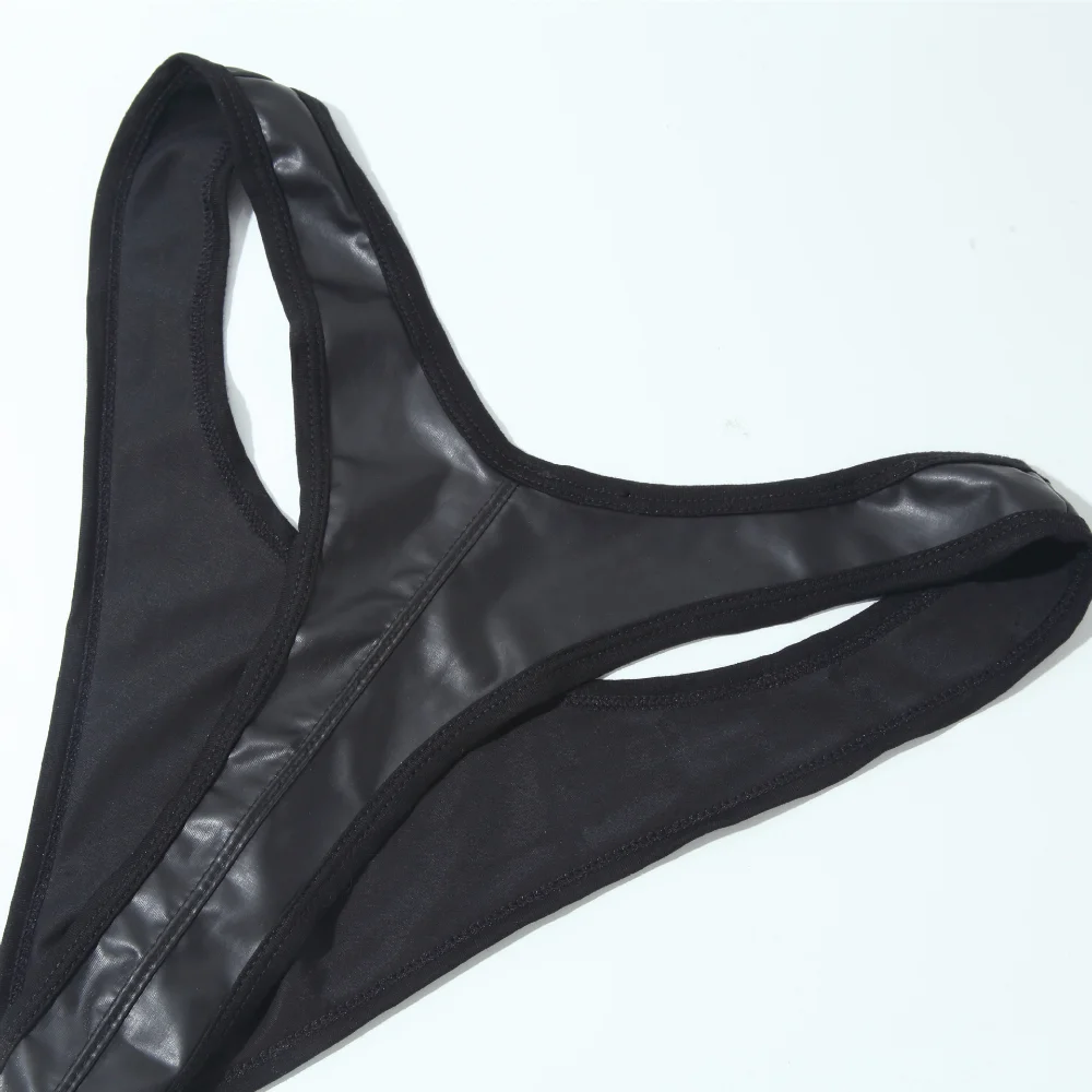 Men's Imitation Patent Leather Wrestling Suit One Piece Suit Beach Corset Back Hollowed Out Briefs Breathable Comfortable