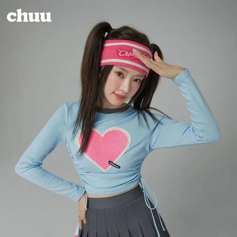 

CHUU Love Heart Abrasion Pumping Pleated Slim T-shirt Female 2023 Spring and Autumn New Sports Wind Girls Long-sleeved Short Top