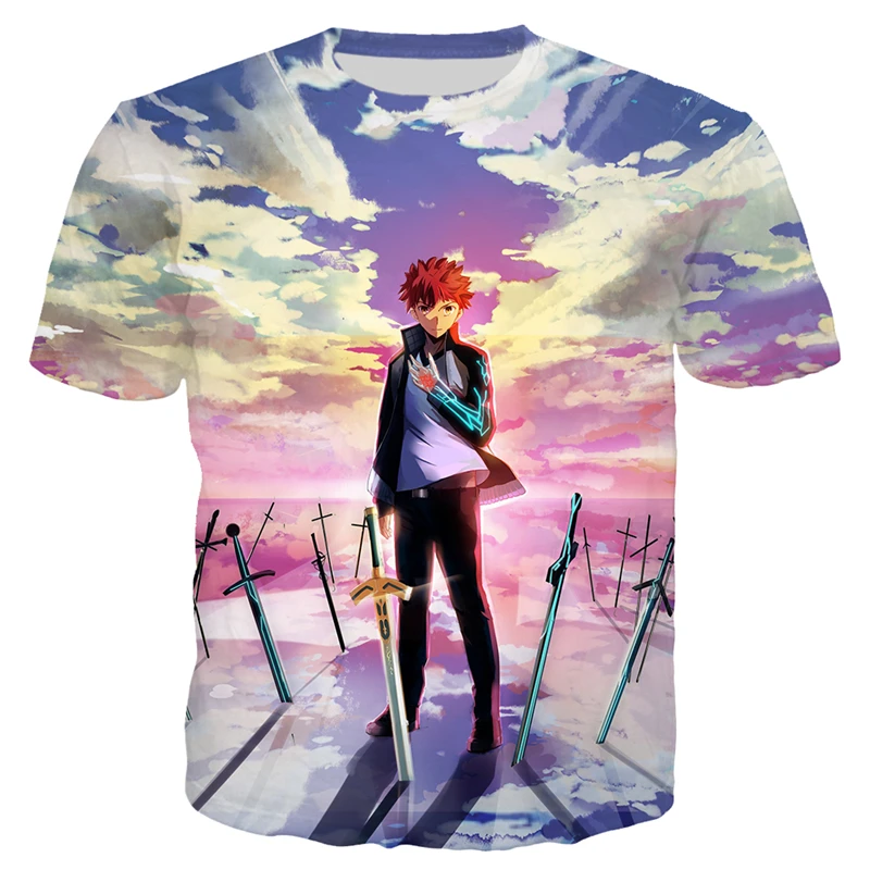 

Манга Fate Stay Night футболка с 3D принтом для мужчин и женщин, Детская толстовка с коротким рукавом, Повседневная Уличная одежда в стиле хип-хоп, топы большого размера, футболка