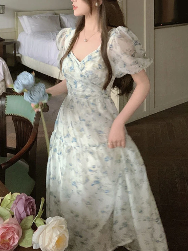 Woherb 2024 корейское Цветочное платье женские элегантные платья с V-образным вырезом