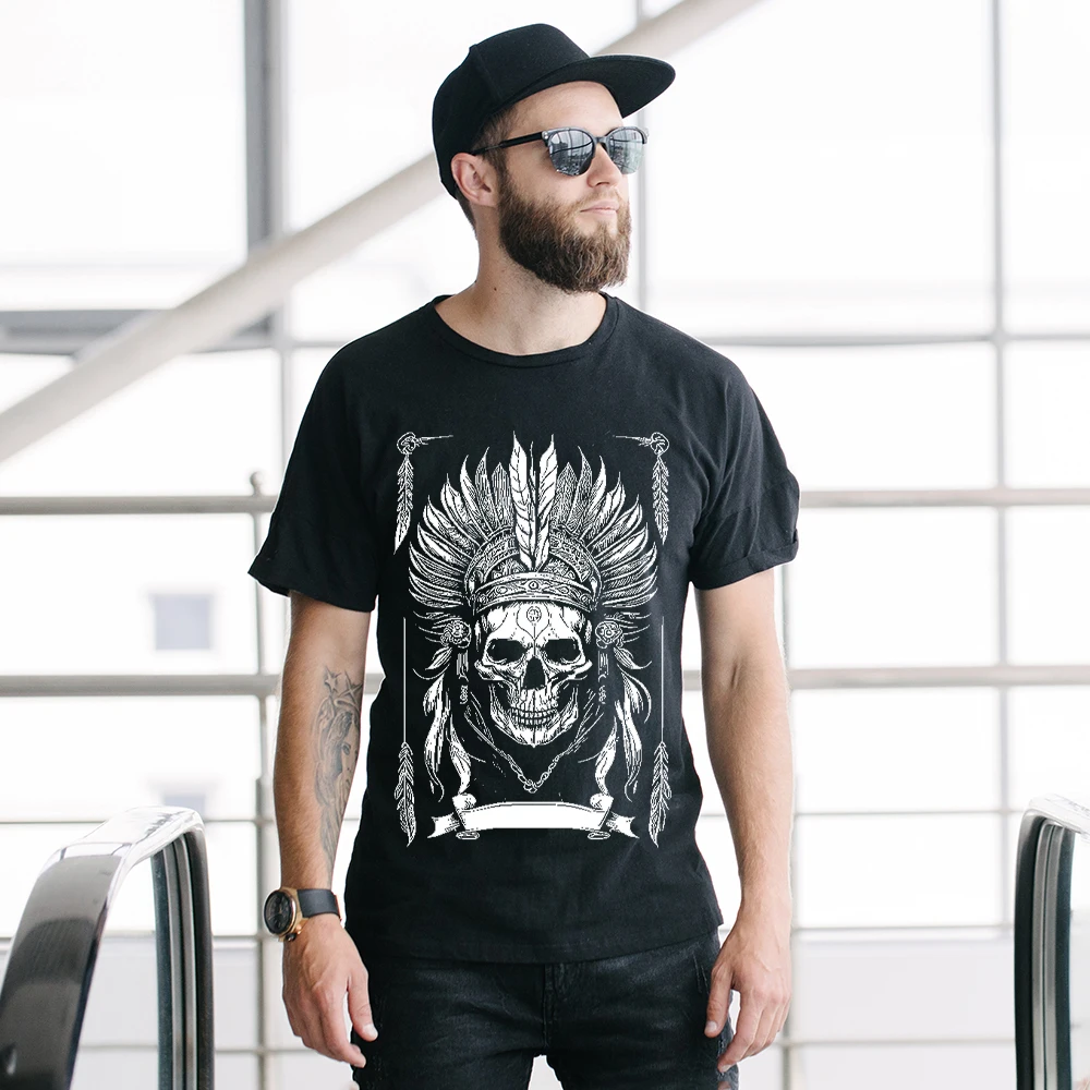 

Large Size Cotton T Shirt For Men Vintage Style Indian Skull Harajuku Graphic T-shirt Quick-drying Loose Fitness Short Sleeves