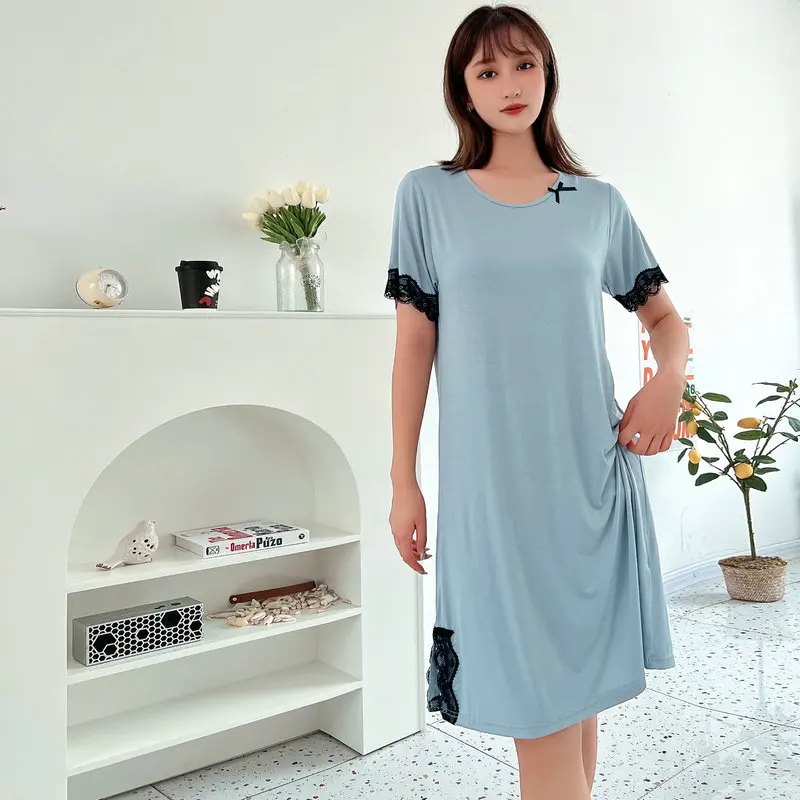 Modal Sleeping Nightshirt Women Spring Summer Nightgowns New Large Size Lace Night Dress Casual Loose Female Nightwear Dresses
