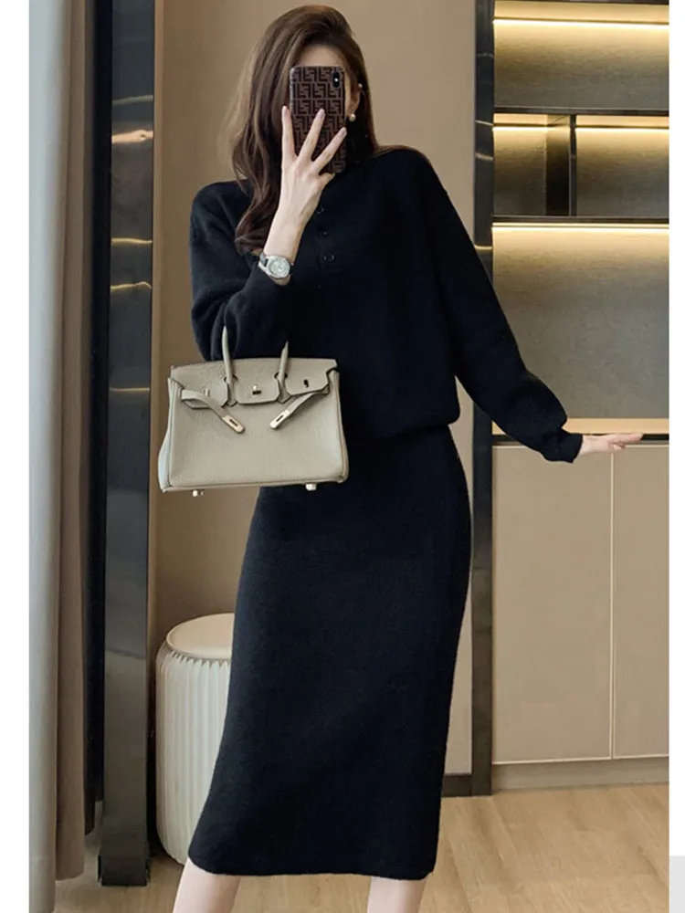 

Женский вязаный свитер SMTHMA, комплект из двух предметов с высокой талией и мягкой юбкой, Осень-зима