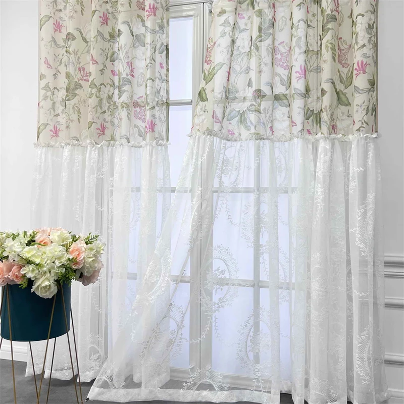 

French Romantic Pink Flowers Print Ruffled Sheer Tulle Curtains For Living Room Bedroom Window Voile White Lace Embroidery Drape