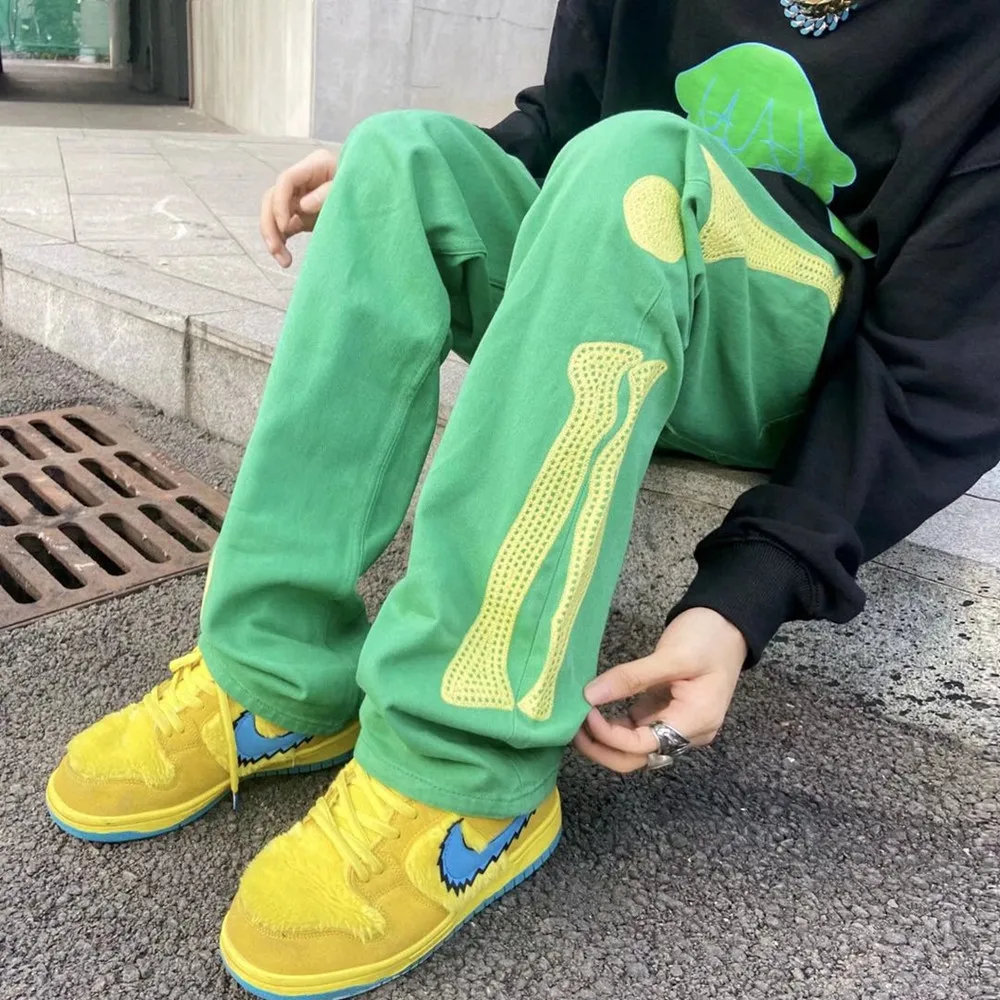 2021 Stylish  Skeleton Embroidery Punk Men Hip Hop Straight Jeans Trousers Loose Vintage Women Green Denim Pants Pantaloni Uomo
