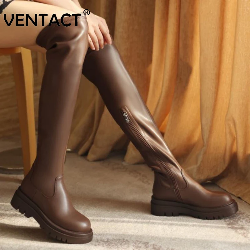 

VENTACT Size 33-43 Women Real Leather Over The Knee Boots Flat Heels Daily Fashion Ins Style Long Boot Ladies Footwear