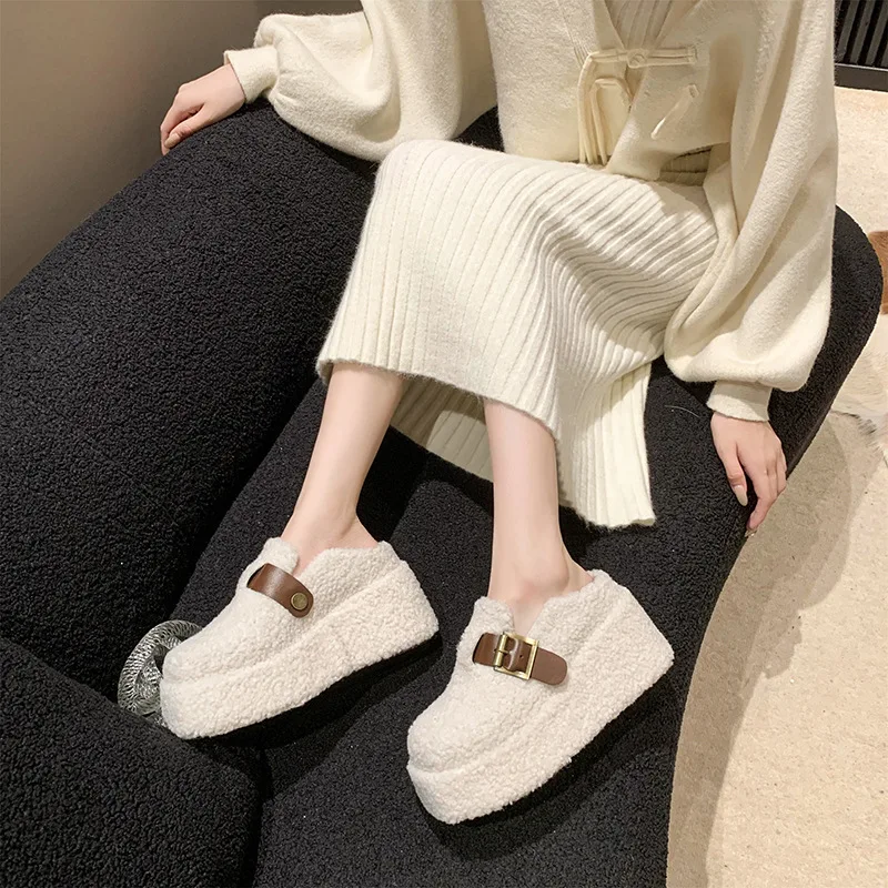 

Lamb Fur Slippers 2023 Winter Home and Outdoor Two Wear High-end Metal Buckle Design Slippers Women Slippers Zapatos De Mujer