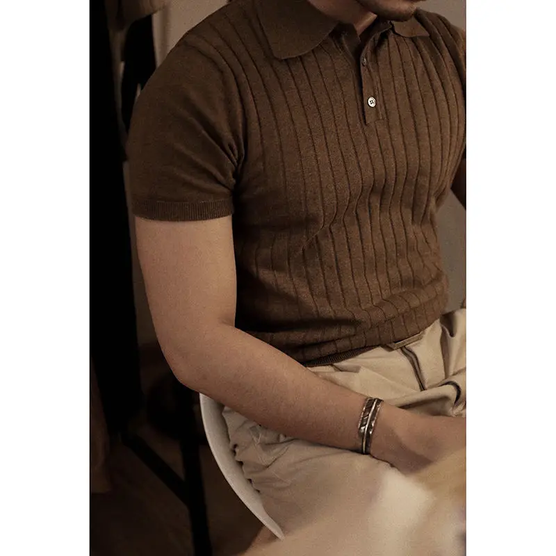 

Knit Lapel Mens Polo Shirts with Short Sleeve Knit Shirt American Retro Men's T Shirts Summer New Solid Color Slim Polo Shirt