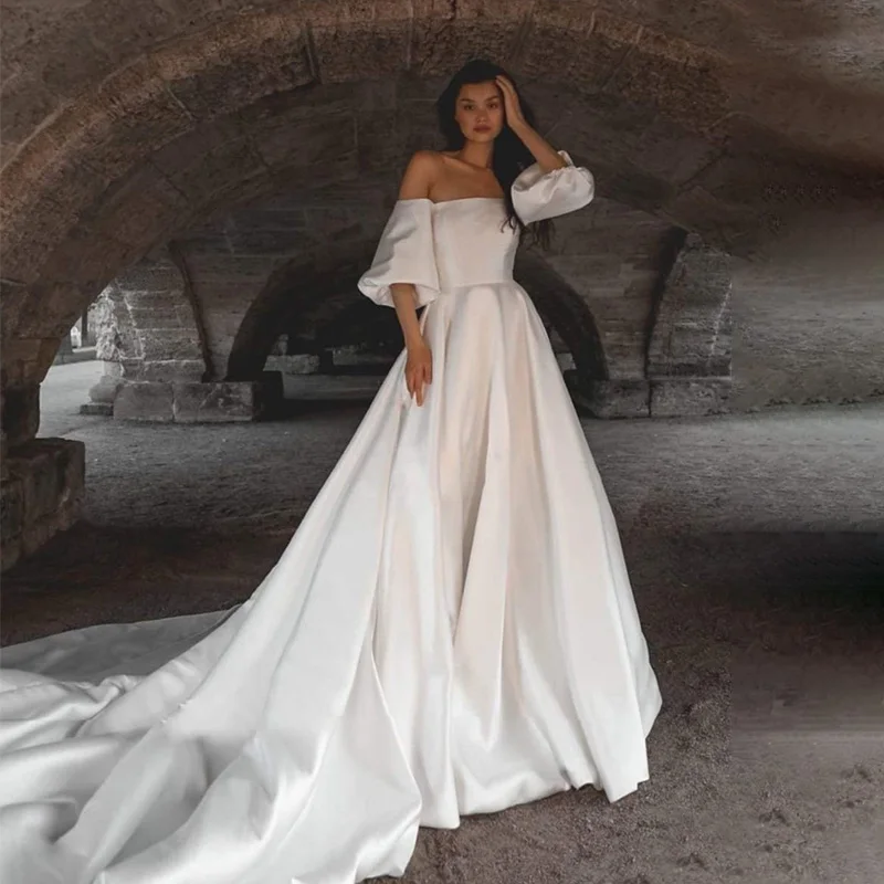 

Classic Strapless A-Line Wedding Dresses Detachable High Slit Puffy Sleeves Lace Up Soft Satin Bride Gown Vestidos