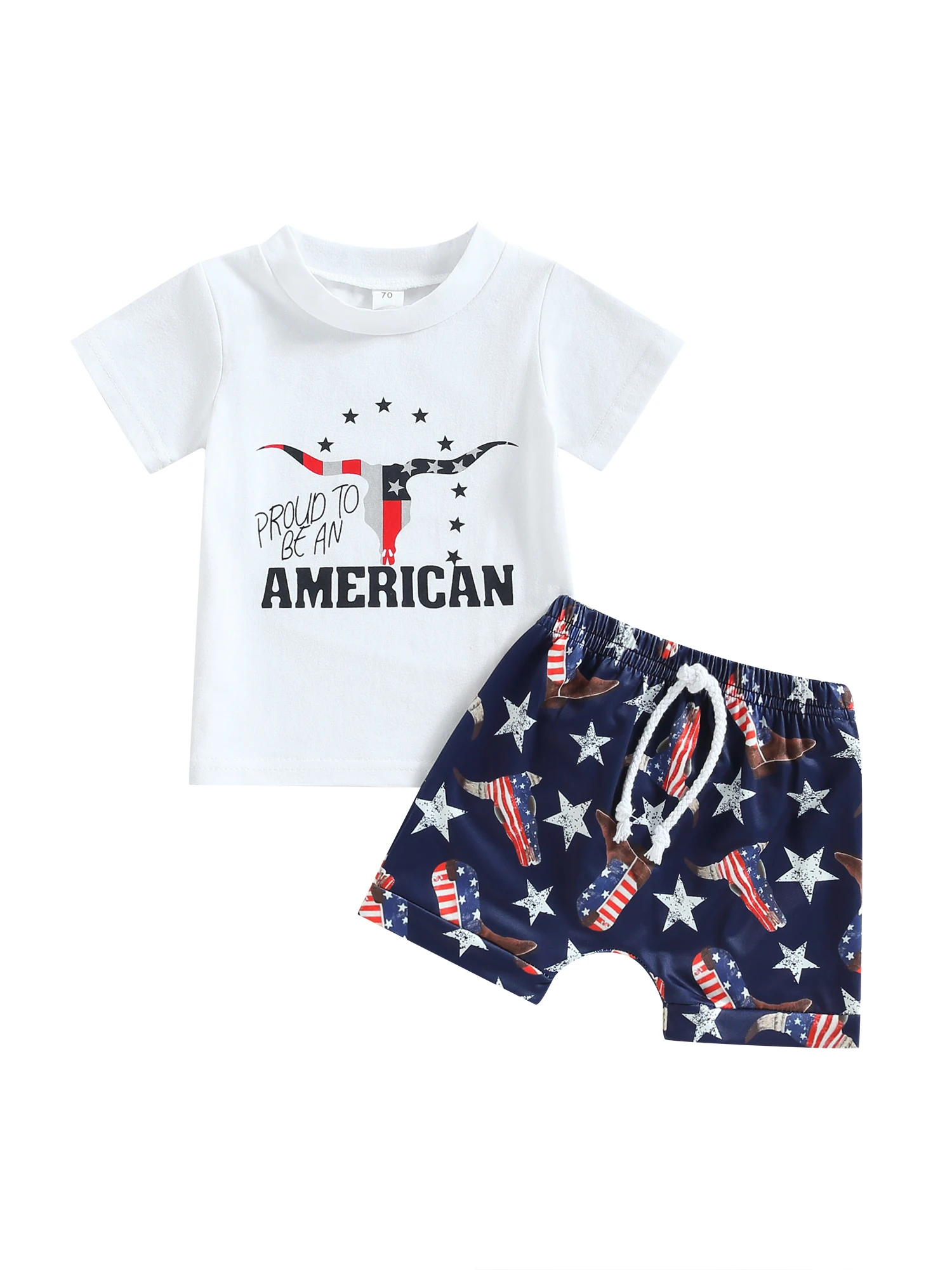 

Летний комплект одежды для маленьких мальчиков из 2 предметов, белый топ с коротким рукавом и буквенным принтом, шорты с кулиской и принтом головы крупного рогатого скота