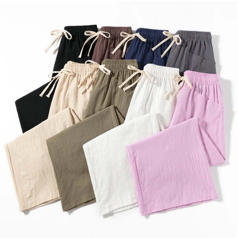 

Summer Women's Pants 100% Cotton Solid High Waist Baggy Pants Sashes Elastic Waist Fashion Vintage Ankle Pants New for 2022