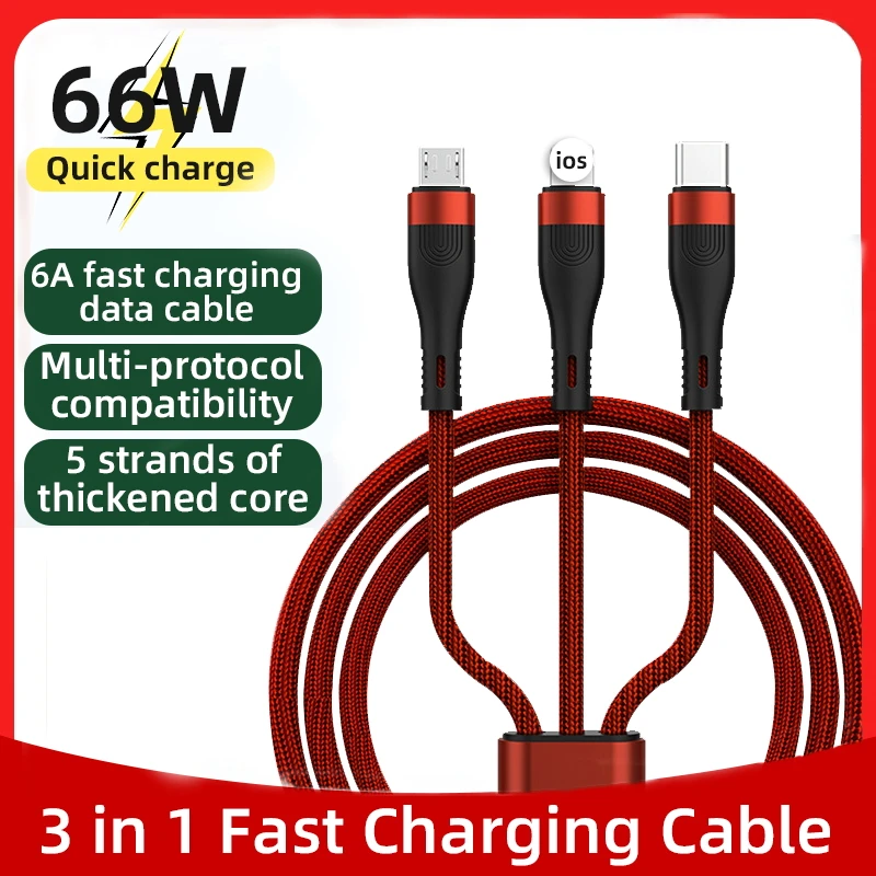 

New 6A one-to-three Data Cable 66w Super Fast Charge Suitable for iPhone Huawei Type-c Millet Fully Compatible Car Line