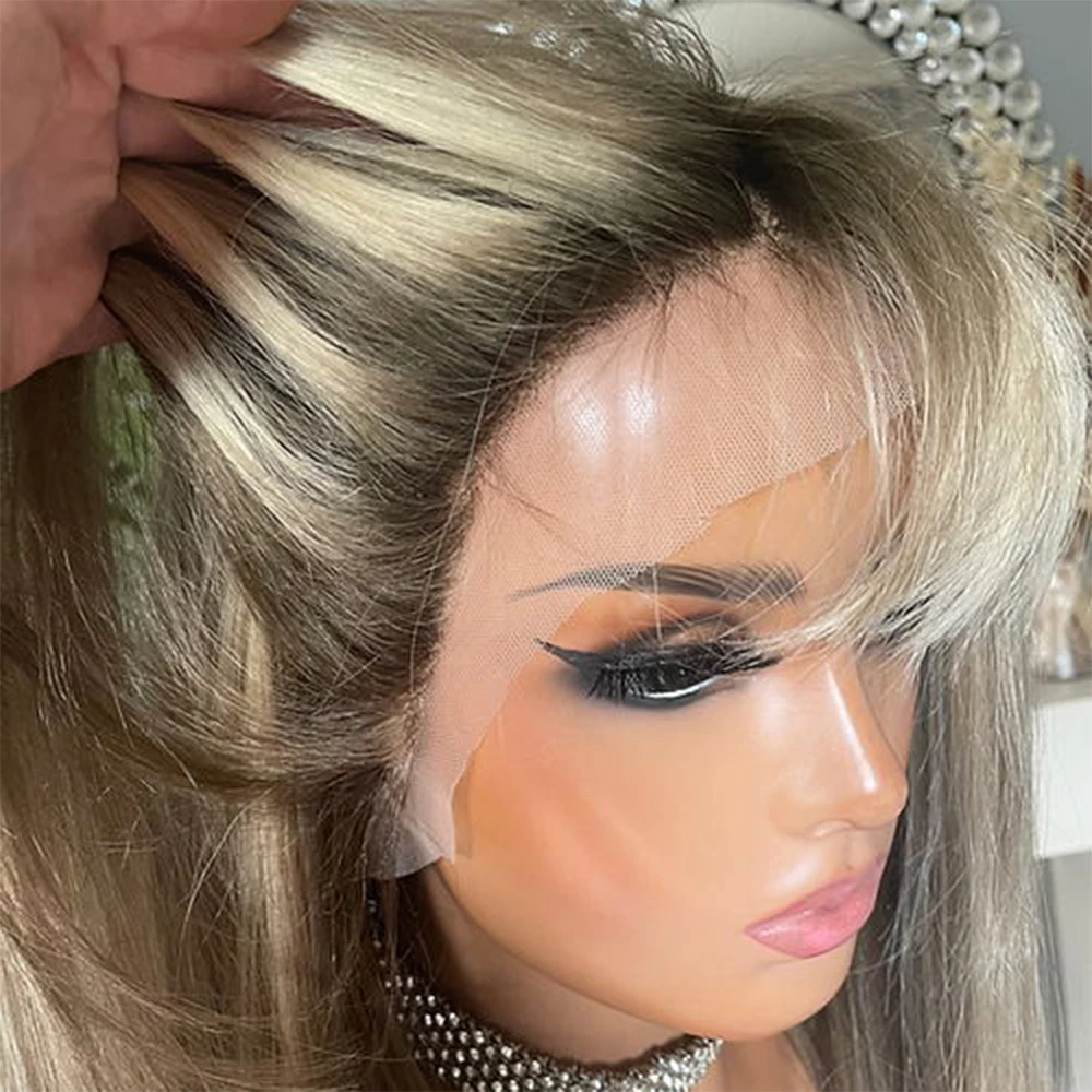 Парик 12 дюймов с челкой прямой 100% натуральные волосы темные корни 200%