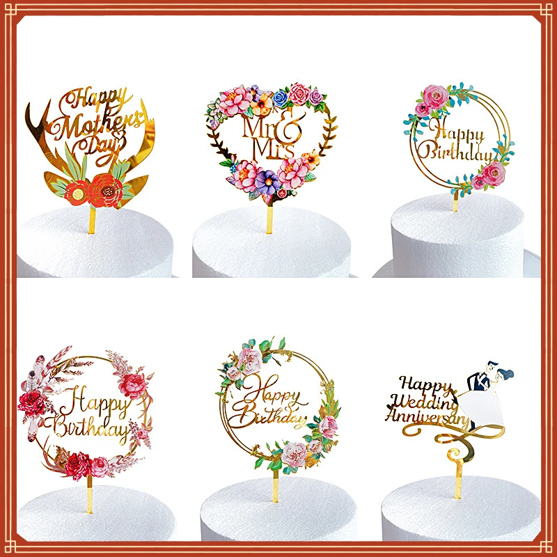 

Cake Topper Happy Birthday Gold Silver Birthday Party Cake Insert Acrylic Cake Decoration Wedding Cakes Dessert Decor