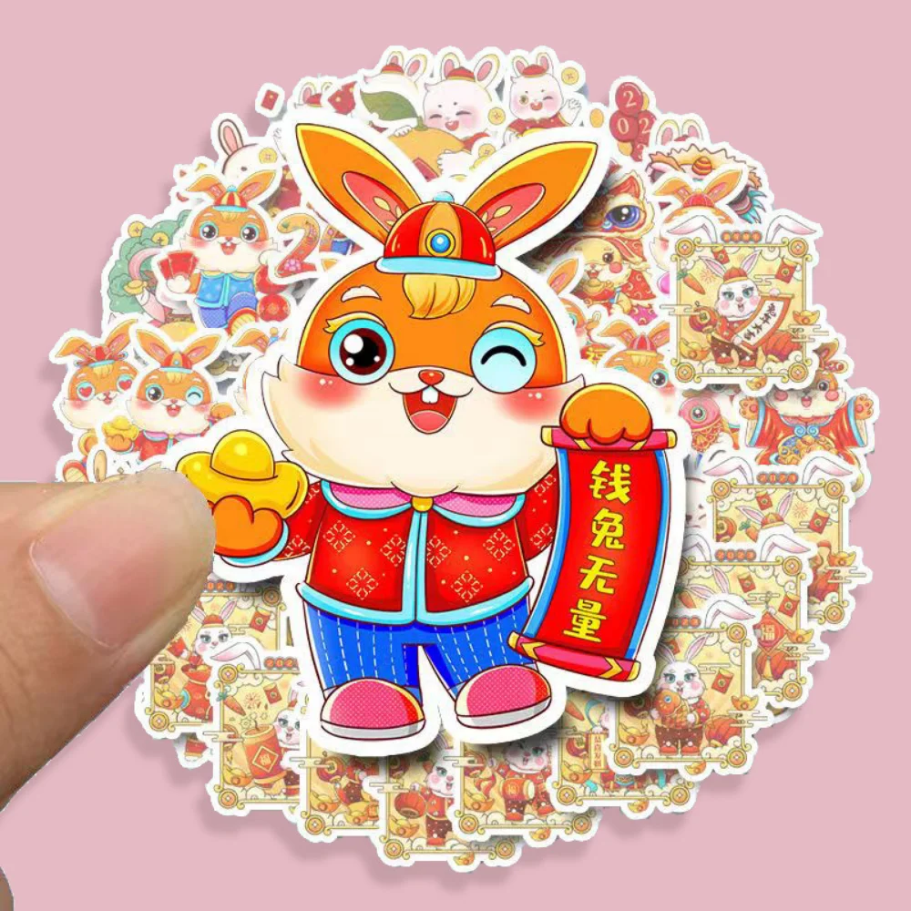 

10/50PCS Happy New Year Stickers Cartoon Rabbit Decorative Stickers for Gift Wraps New Year Holiday Cards Gift Envelopes Box