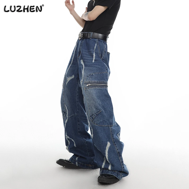 

LUZHEN Trendy Splicing Wornout Many Pockets Design Men's Casual Denim Pants 2023 Autumn Street High Quality Fashion Jeans Dbb873