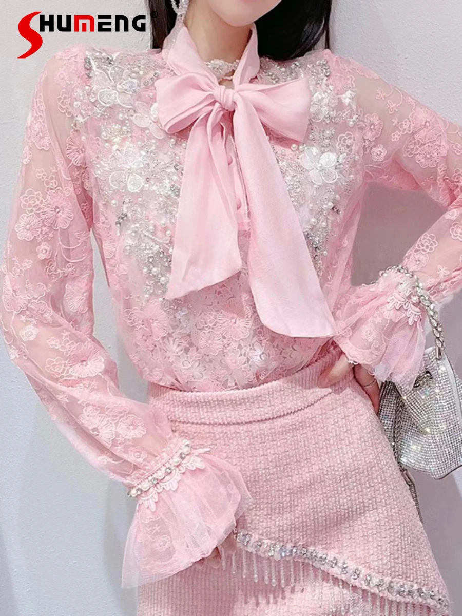 

Женская кружевная модная Милая Простая рубашка во французском стиле, Женская Осенняя Новая Элегантная приталенная пуловер с бантом и сказо...