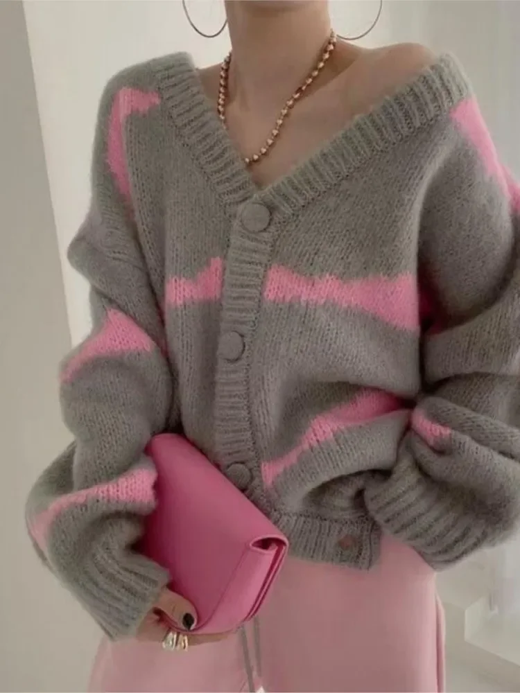 Женские свободные полосатые свитера корейские вязаные кардиганы с v-образным