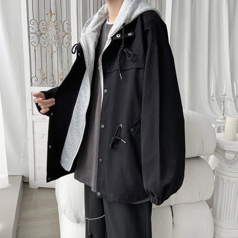 

Fake Two Piece Men's Drawstring Jacket Large Size Hooded Spring New Male Coats Fashion Korean Style Outerwear