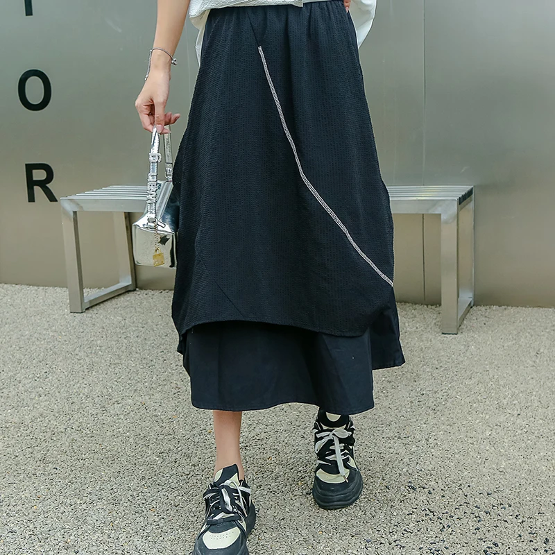 

230427 Irregular Mesh Patchwork Skirt Loose Fashion Black Women New Street Trendy Personality Summer All-match Skirt