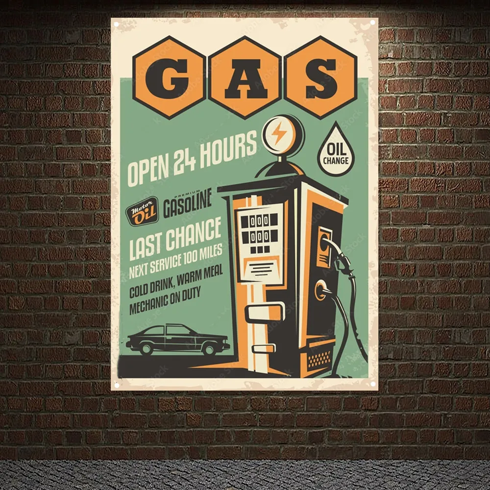 

Gas Station OPEN 24 HOURS Vintage CAR SERVICE Poster Flag Auto Repair Shop Wall Decor Banner Wall Painting Tapestry For Garage