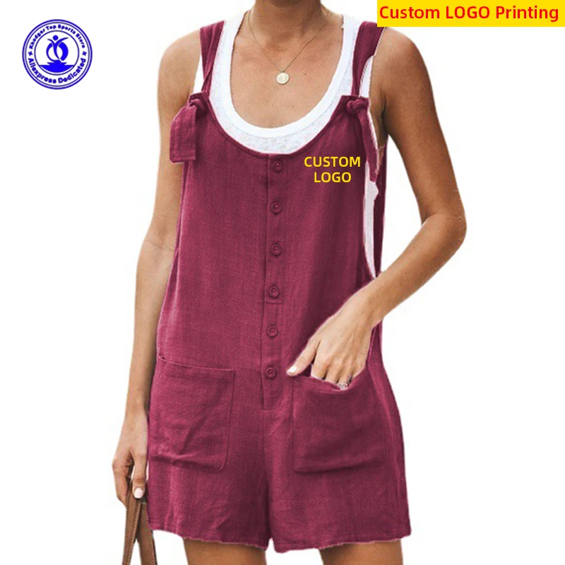 Custom LOGO Cotton Linen Comfortable Overalls Solid Button Up Casual Women Shorts Rompers Strap Loose Jumpsuits Plus Size 5XL