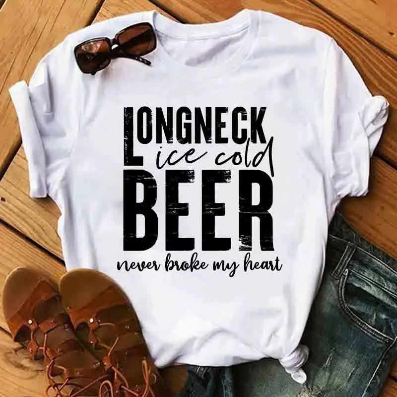 

Rheaclot Longneck Ice Cold Beer Never Broke My Heart Women's Casual T-shirts Summer Cotton Round Neck Letter Clothes Tops