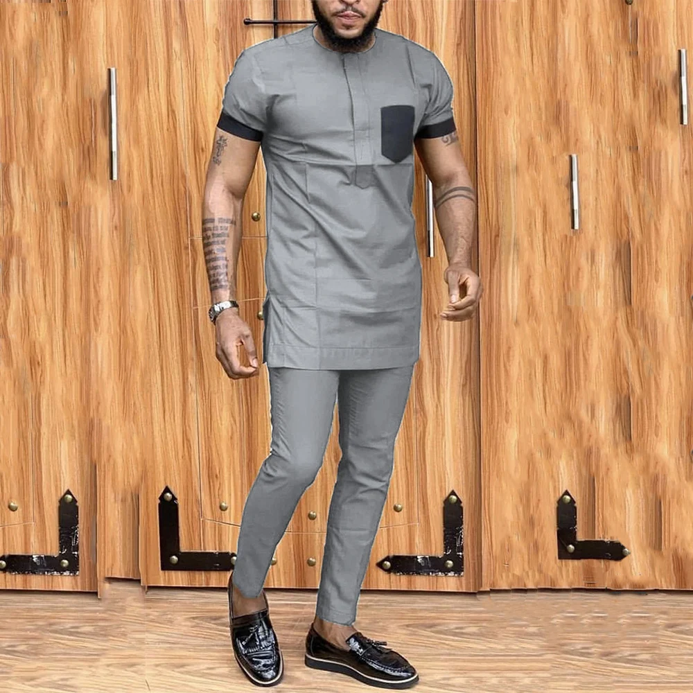 

Dashiki African Summer Men Set Short Sleeve Shirt Pants Set 2022 Grey Pocket 2 Piece Outfit Set African Clothes For Man (M-4XL)
