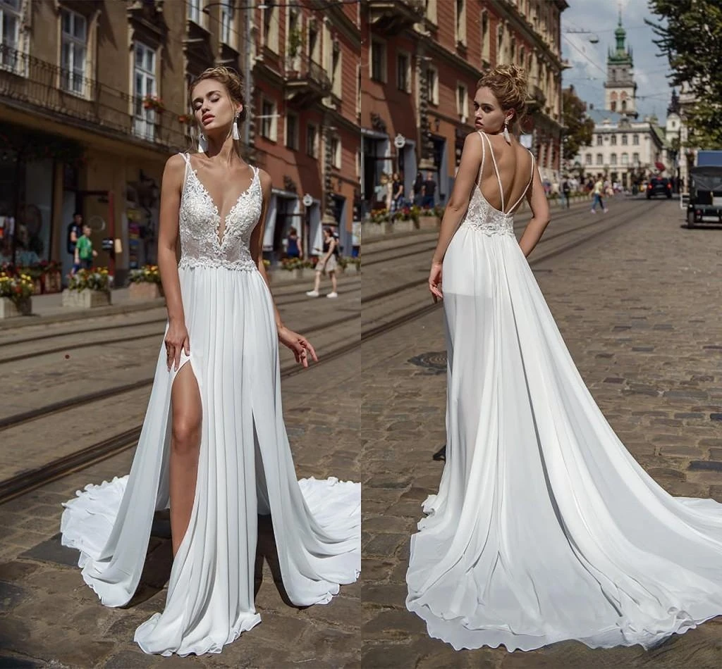 

Sexy Lace Appliqued Bohemian Wedding Dresses Spaghetti Open Back High Side Split Beach Boho Country Bridal Gown