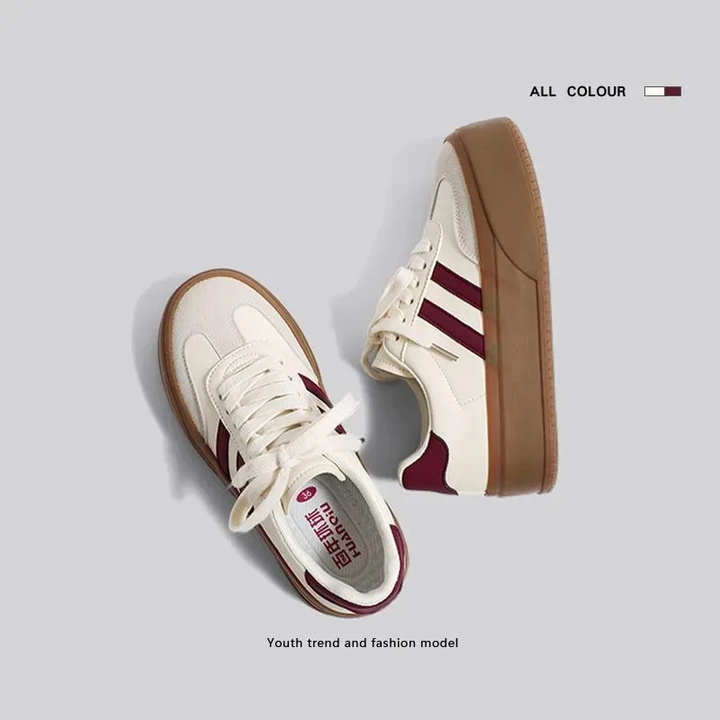 Кроссовки женские кожаные на шнуровке Вулканизированная подошва толстой