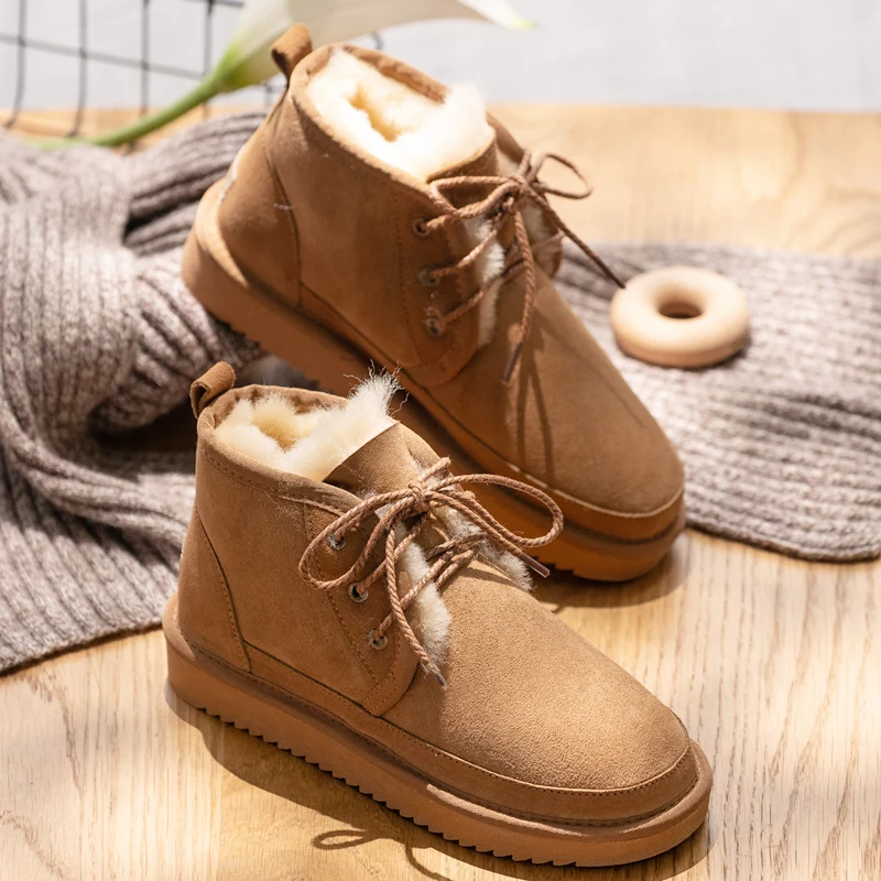 2022 New genuine cowhide leather snow boots women's wool boots suede sheepskin flat-bottom Lace non-slip warm winter large size