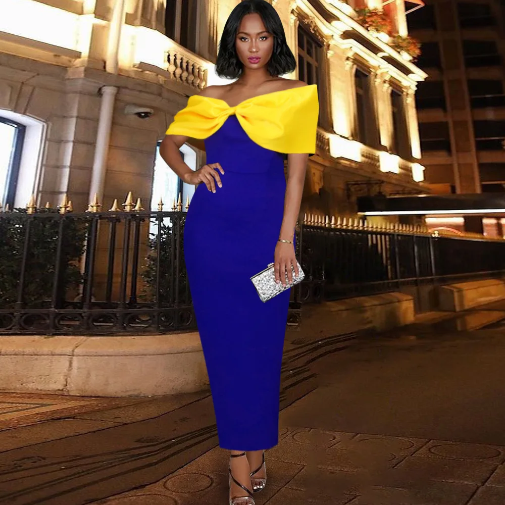 

Sexy Off Shoulder Big Bow Patchwork Yellow Blue Bodycon Dress Evening Party Dress Women Strapless Slash Neck Slim Pencil Dress