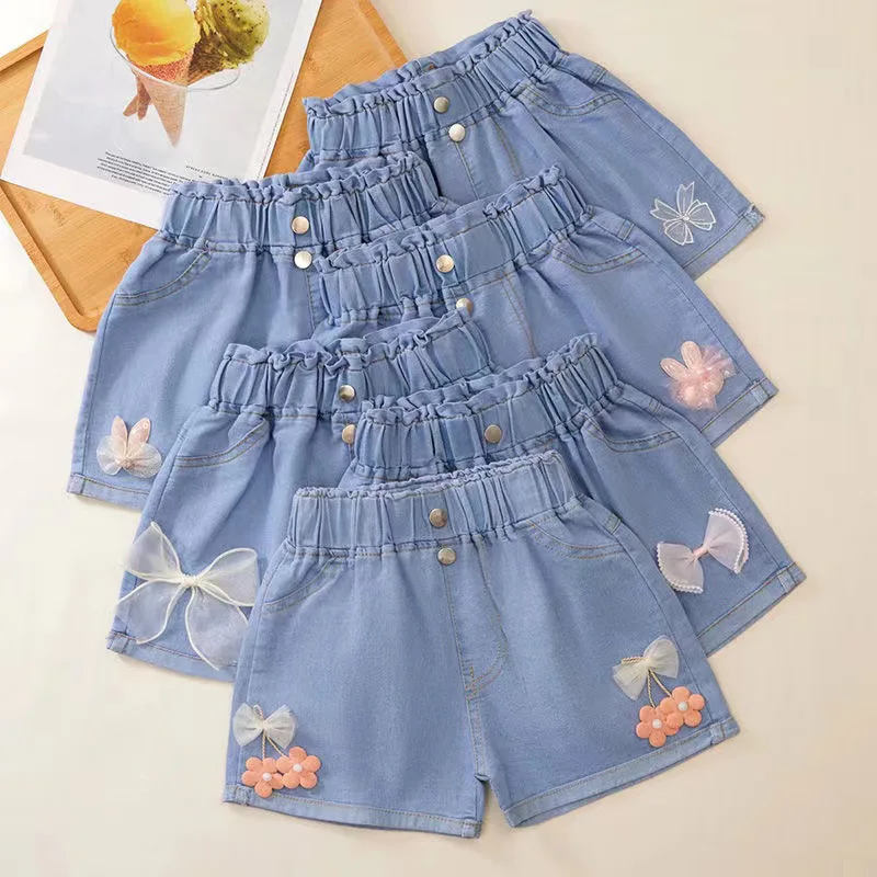 

Girls Denim Shorts Teenage Girl Summer Lace Pants Kids Bow Clothes Children Flowers Embroidery Jean Short For Teenager