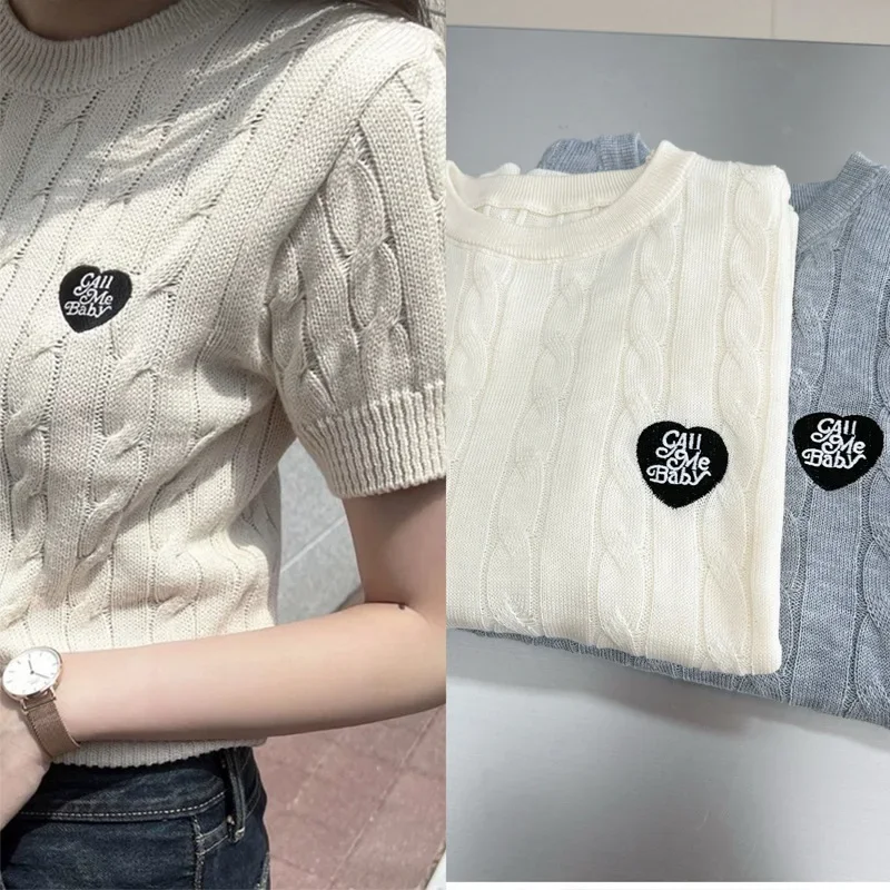 Корейский стиль футболка с короткими рукавами и вышивкой в виде сердца женская