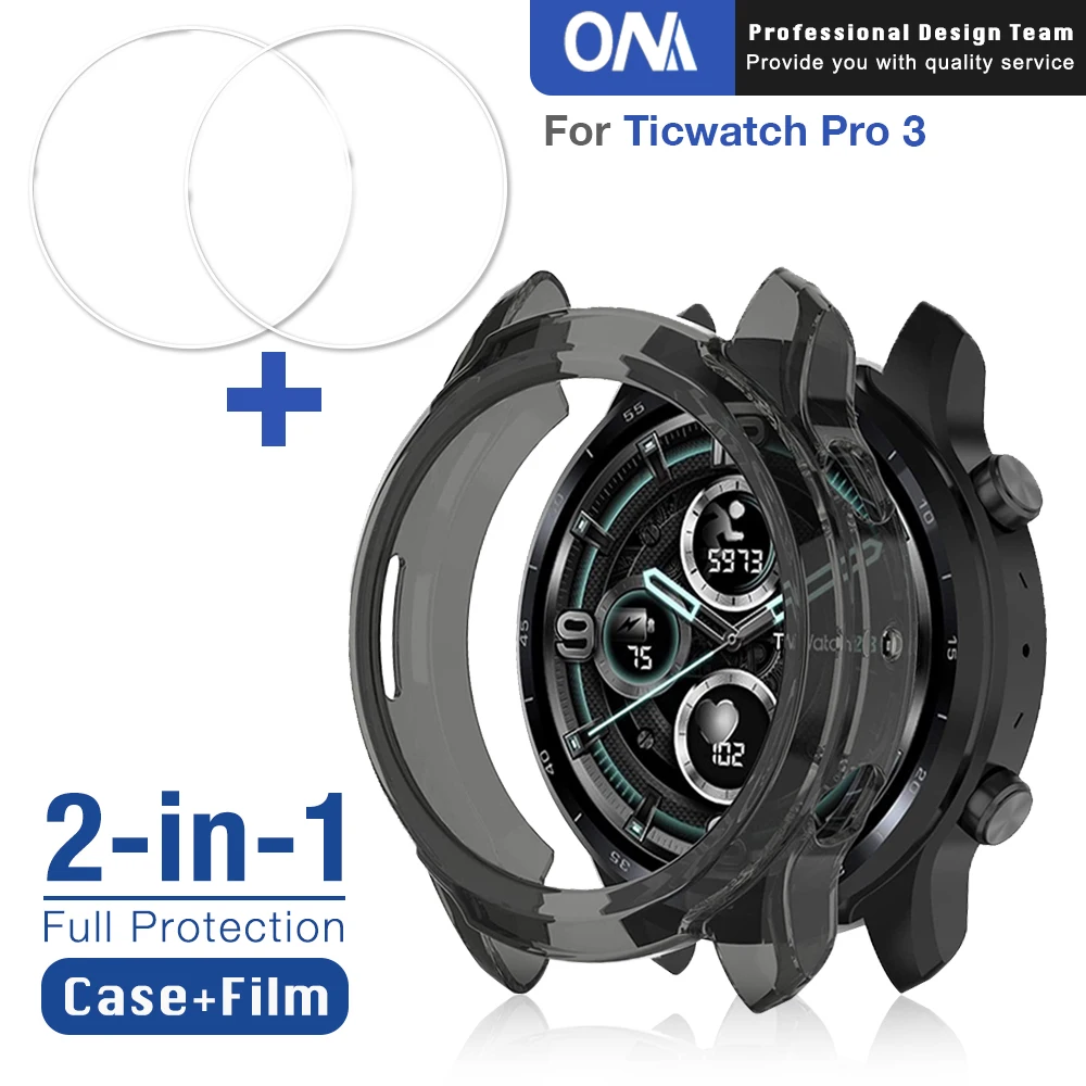 2-in-1 Case and Screen Protector for Ticwatch Pro 3 Pro3 Smart Watch Protective film Cover 9H Quality Tempered Glass Accessories