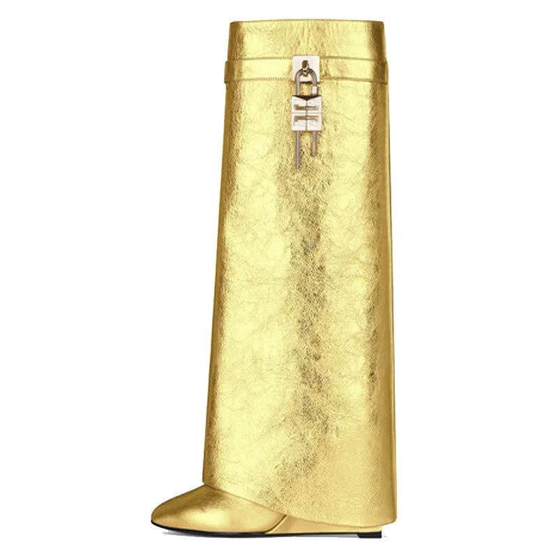 Luxury Women High Knee Boots Shark Lock Thick Platform Wedges Female Leather Long Boots High Heels High Quality Ladies Shoes