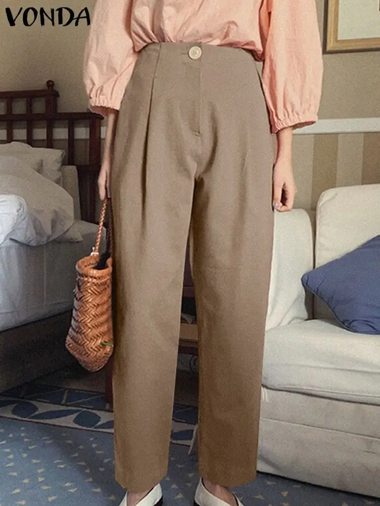 

VONDA Female Long Suit Pants Polyester Pantalon Women Casual High Waist Straight Trousers Femme Fashion Button Turnip Oversize