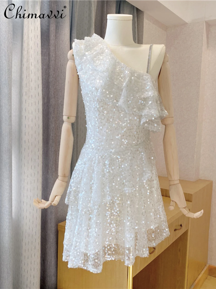 

High-End Ladies Elegant Mesh Sequined Ruffled Slant Shoulder Dress Women 2022 Summer New Fashion Sexy Solid Sequins Short Dress