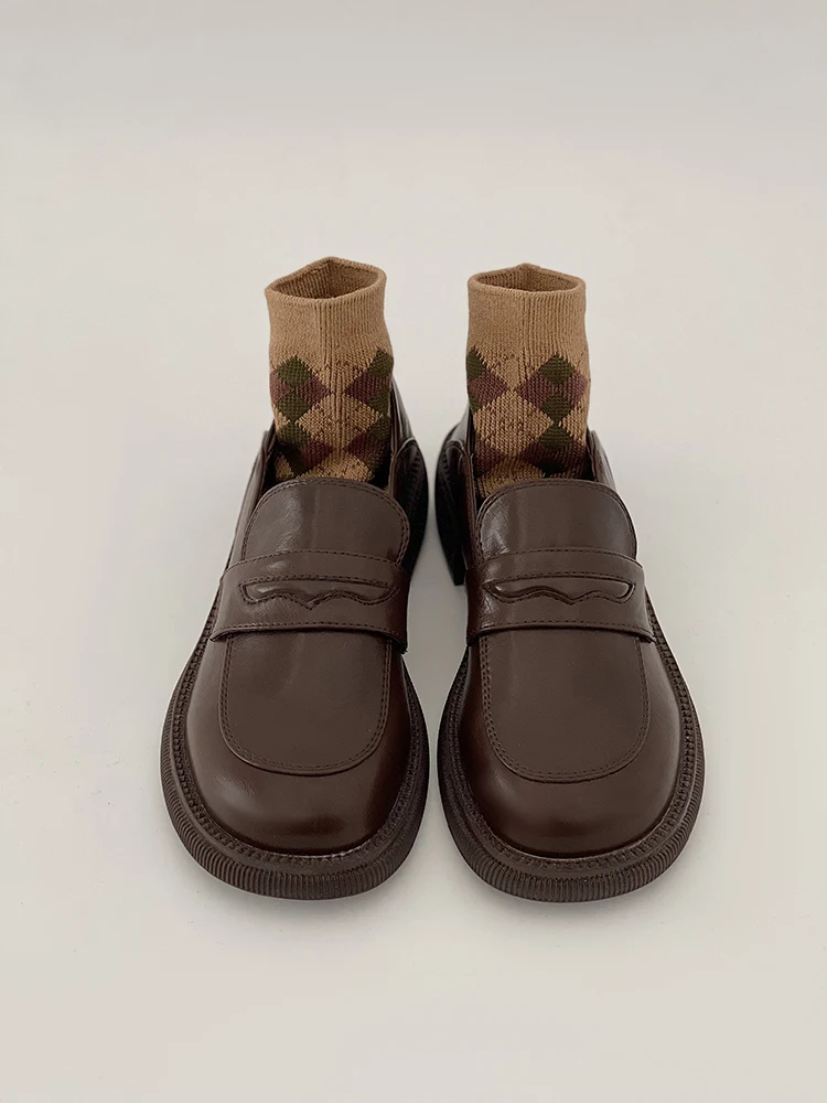 

Casual Woman Shoe Round Toe British Style Black Flats Slip-on All-Match Female Footwear Loafers With Fur Shallow Mouth Preppy Sl