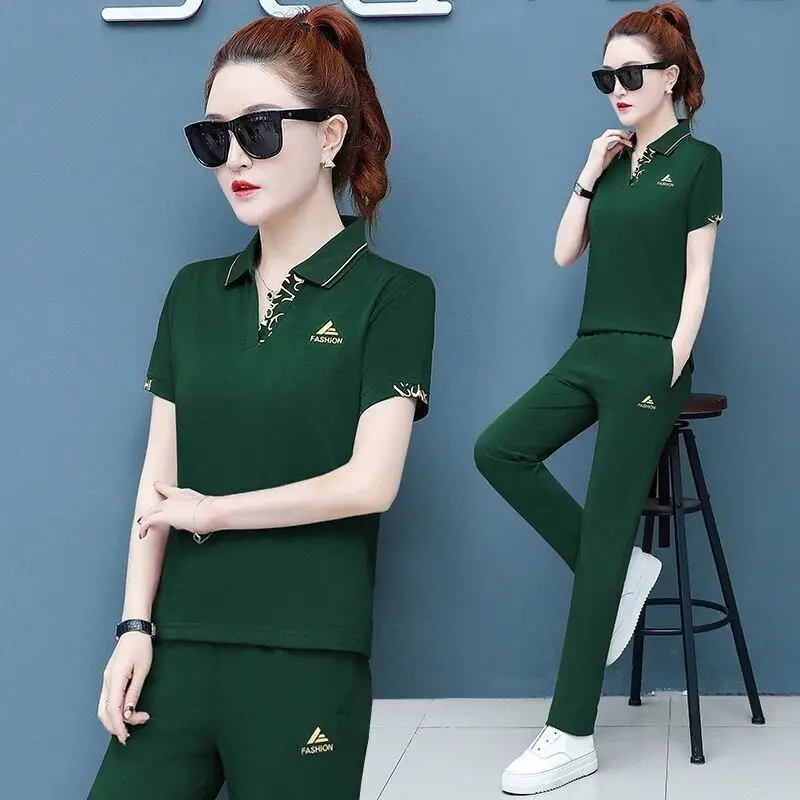 

639#Lapel Short-Sleeved Trousers Casual Sportswear Suit Female Summer New Fashion Printed Loose plus Size Two-Piece Suit