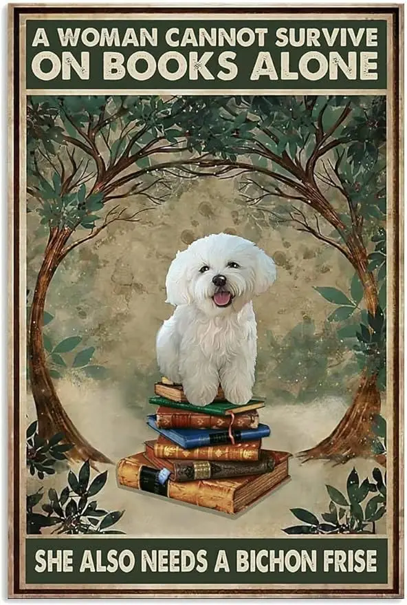 

Винтажный жестяной плакат, металлический плакат, табличка, женщина, любовь, Бишон, фризе, собака и книга, металлическая табличка, декор стен